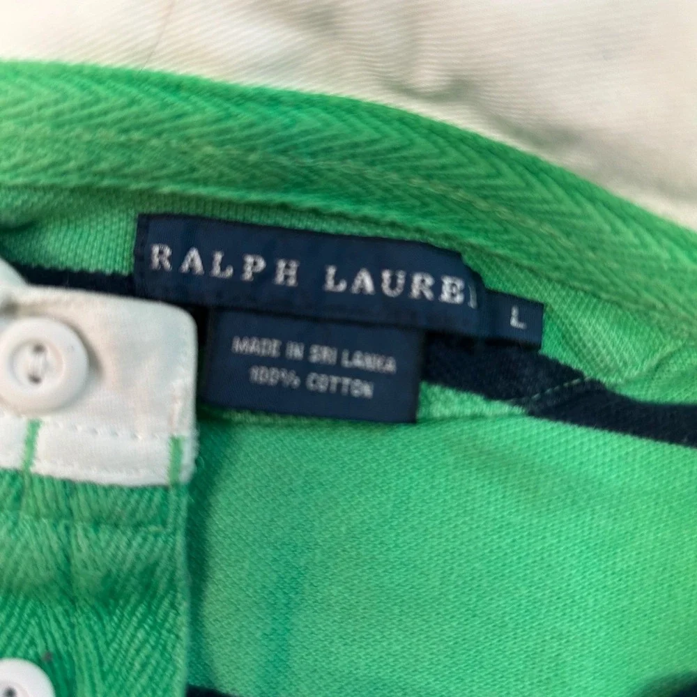 Ralph Lauren Mens Green Navy Striped Crest Rugby Polo Shirt Large Short Sleeve